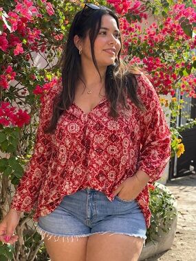 LOFT Blouse M New Red Boho Floral Flowy V-Neck MUST HAVE 🔥